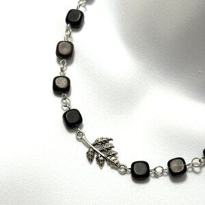 Genuine Black Agate Short Necklace, Gemstone Cube & Silver Leaf Branch Pendant